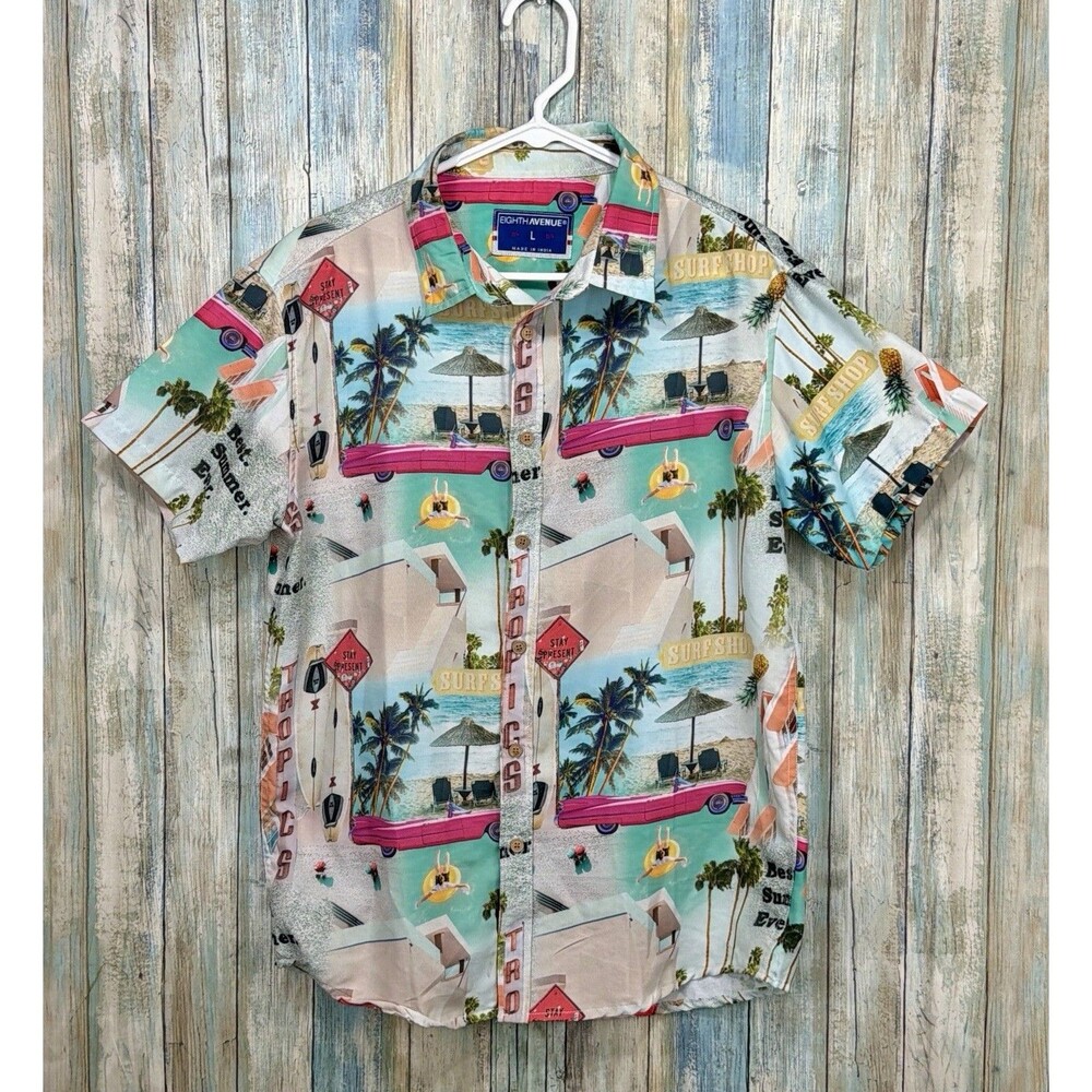 Eighth Avenue Mens Hawaiian Shirt Large L Resort Beach Vintage Car Print India